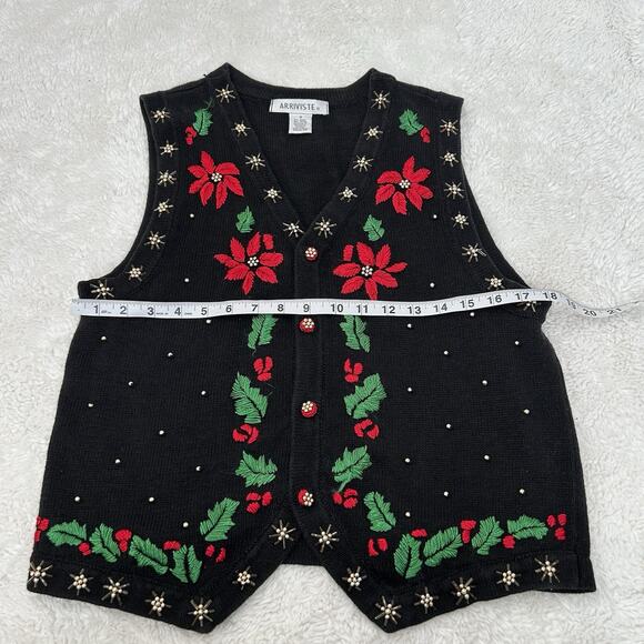 Arrivste Christmas Sweater Vest Women’s Mediu Black Cottagecore Grannycore Holly - Picture 3 of 5